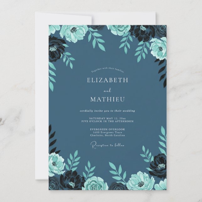 Slate Teal Ranunculus Eucalyptus Wedding Invitation (Front)
