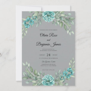 Slate Teal Succulent Eucalyptus Wedding Invitation