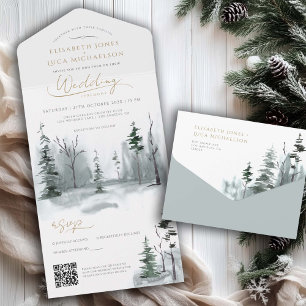 Slate Winter Landscape Woodland Wedding QR Code All In One Invitation