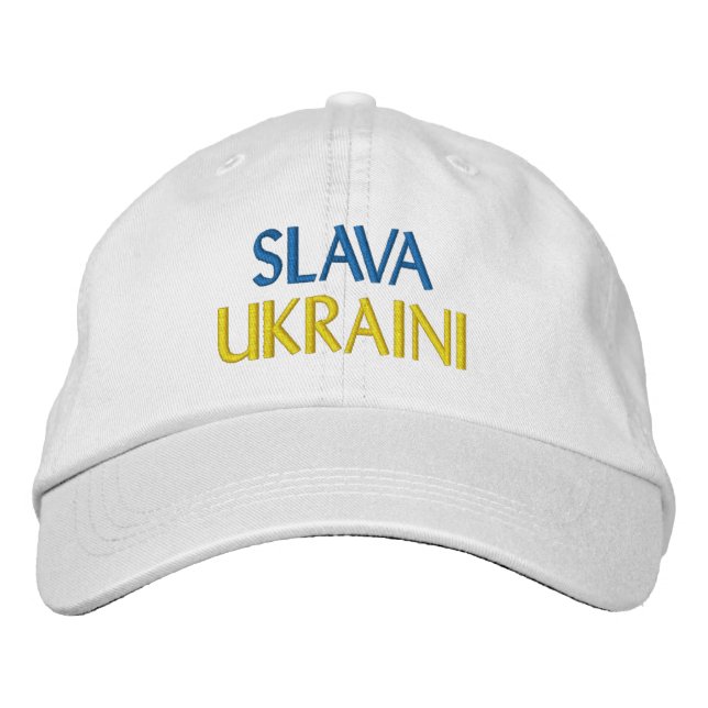 SLAVA UKRAINI "Glory to Ukraine" Blue Yellow White Embroidered Hat (Front)
