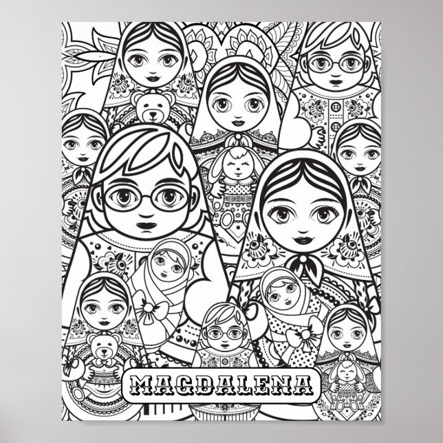 Slavic Folk Art Nesting Dolls Name Adult Colouring Poster (Front)