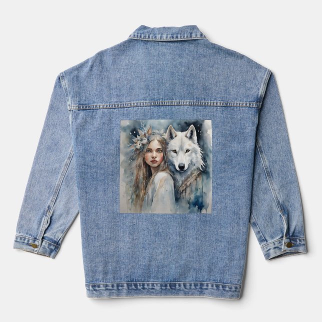 Slavic girl and white Wolf  Denim Jacket (Back)