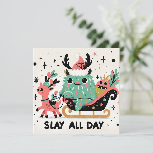 Slay all day Santa sleigh Holiday Card (Standing Front)