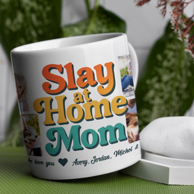 Slay at Home Mum Personalised 8 Photo Collage Coffee Mug (Celebrate mom's one-of-a-kind style with this playful and heartfelt design! )