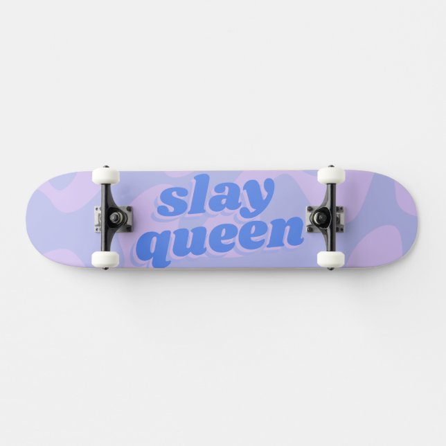 Slay Queen Pastel Blue Groovy Modern Typography Skateboard (Horz)