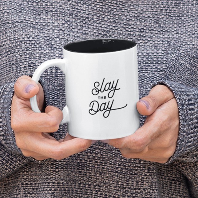 SLAY THE DAY Fun Modern Motivational Typography Two-Tone Coffee Mug (Creator Uploaded)