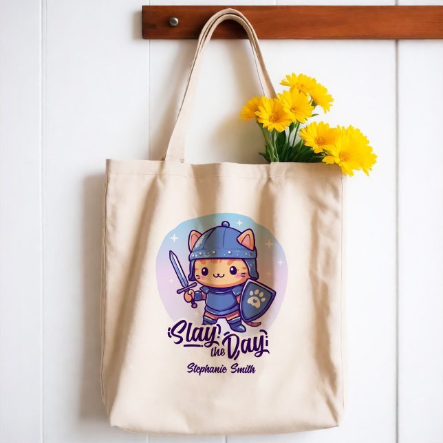 Slay the Day Tote Bag (Add a fierce sprinkle of fun to your everyday with this personalized warrior cat design 🐱💥! )