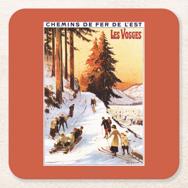 Sledding and Skiing at Vosges Poster Square Paper Coaster (Front)
