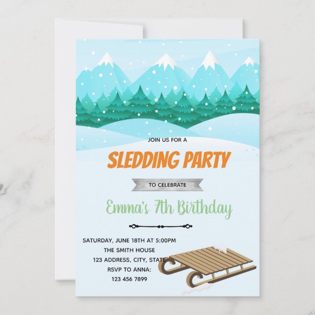 Sledding birthday party invitation (Front)