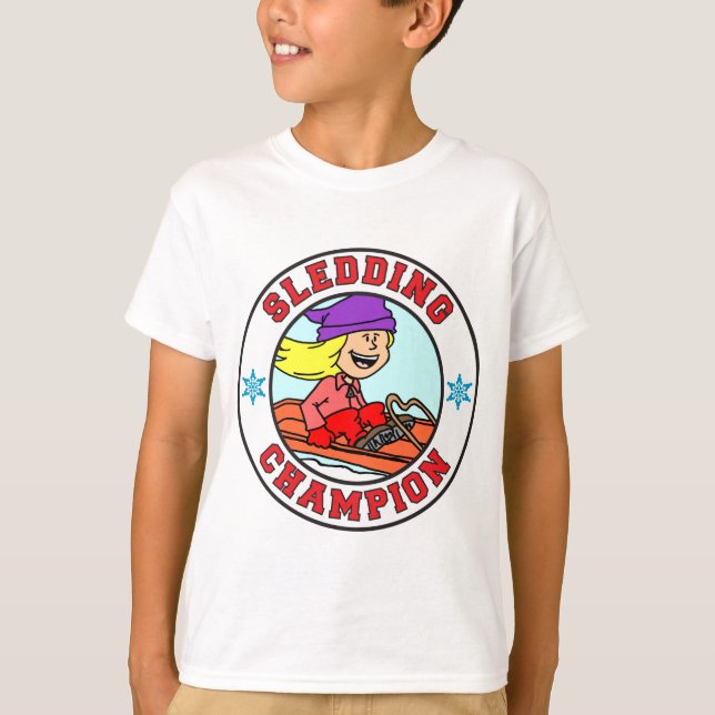 Sledding Champion Cartoon Girl T-Shirt (Front)