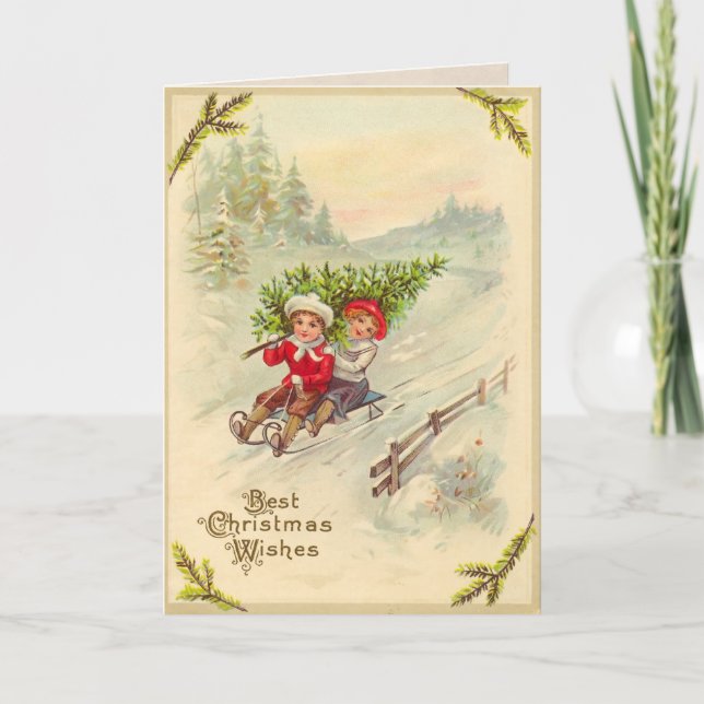 Sledding Children Vintage Christmas Card (Front)