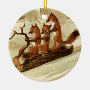 Sledding Foxes Ceramic Tree Decoration