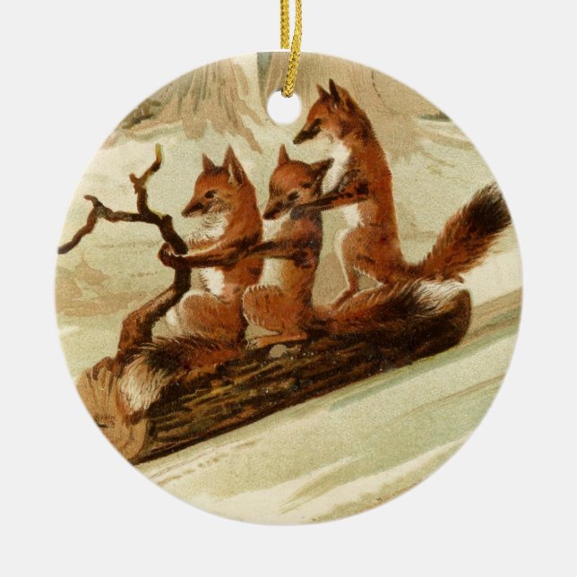 Sledding Foxes Ceramic Tree Decoration (Front)