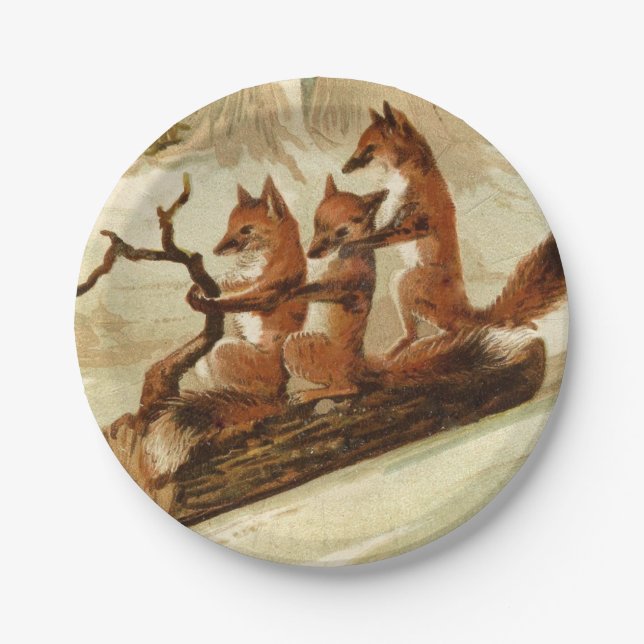 Sledding Foxes Vintage Christmas Paper Plate (Front)
