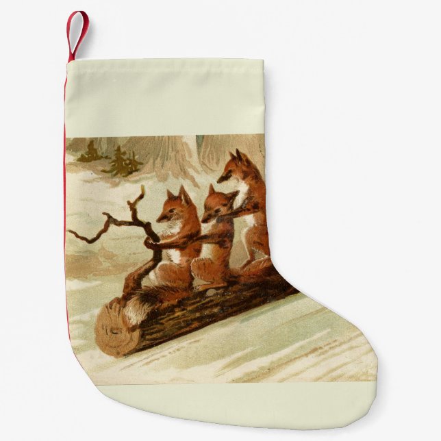 Sledding Foxes Vintage Christmas Stocking (Front)