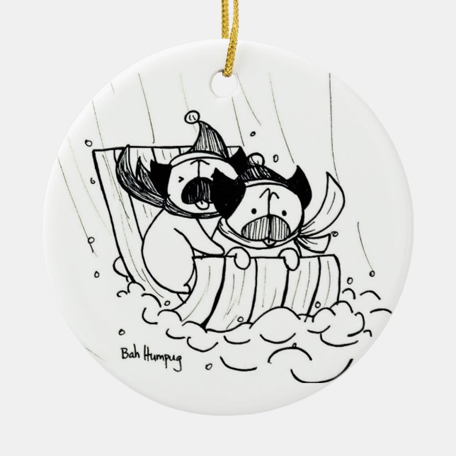 Sledding Pugs Ceramic Tree Decoration (Front)