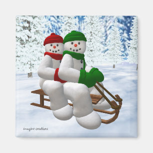 Sledding Vintage Snowmen Magnet