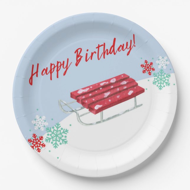 Sledding Winter Kids' Birthday Paper Party Plates (Front)