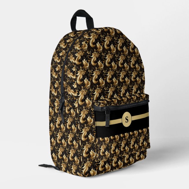 Sleek and Stylish: Black & Gold Personalised Printed Backpack (Back Corner Left)