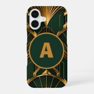 Sleek Art Deco Emerald Green Gold Monogram iPhone 16 Case