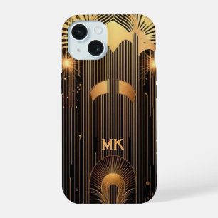 Sleek Art Deco Gold Rain Black Monogram or Name iPhone 15 Case