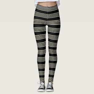 Sleek Black and Cream Horizontal Stripes Minimalis Leggings