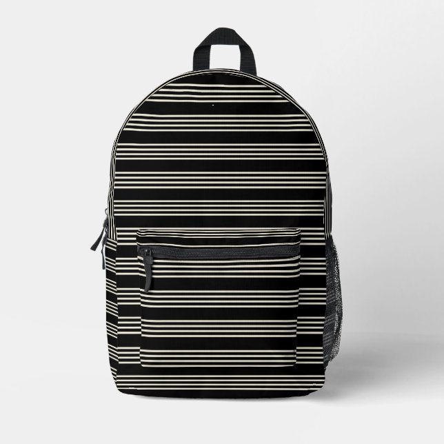 Sleek Black and Cream Horizontal Stripes Minimalis Printed Backpack (Front)