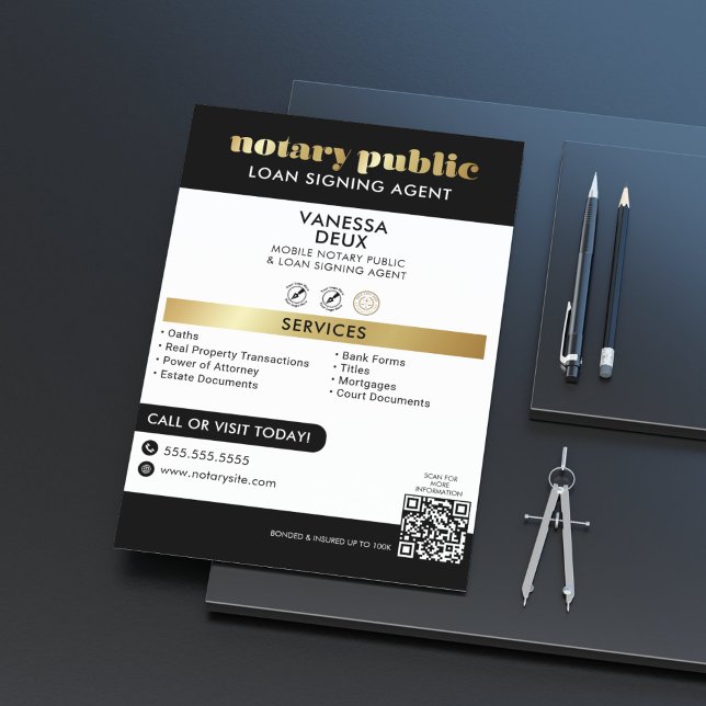 Sleek Black and Gold Notary QR Code Professional  Flyer (Creator Uploaded)