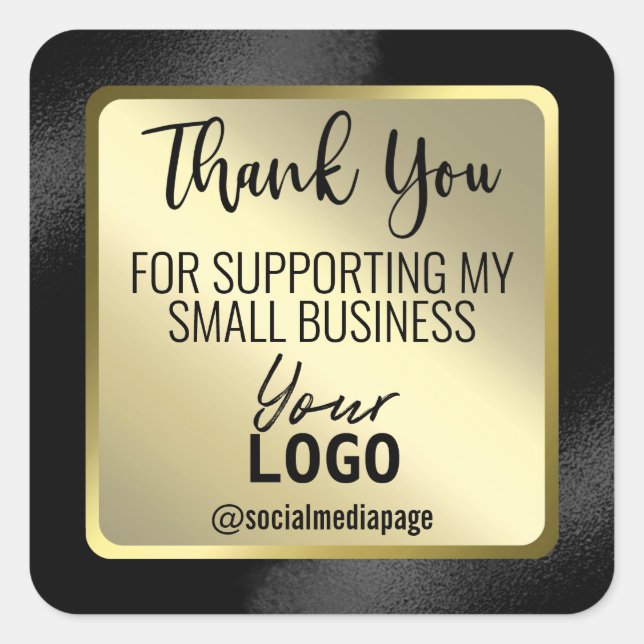 Sleek Black And Gold Thank You Business Logo Square Sticker (Front)