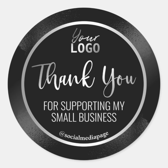 Sleek Black And Silver Thank You Logo Classic Round Sticker (Front)