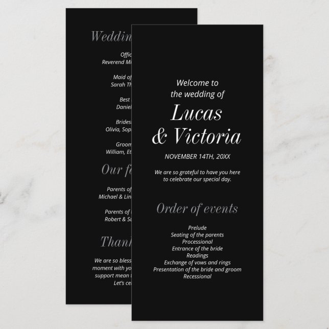 Sleek Black and White Minimalist Wedding Program  (Front/Back)
