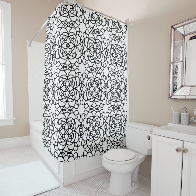 Sleek Black and white pattern shower curtain (In Situ)