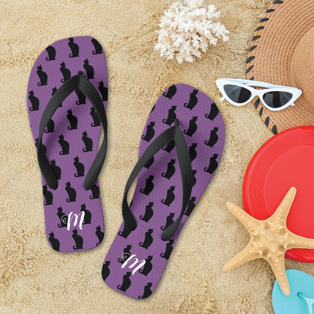 Sleek Black Cat Pattern Monogram Flip Flops (Creator Uploaded)