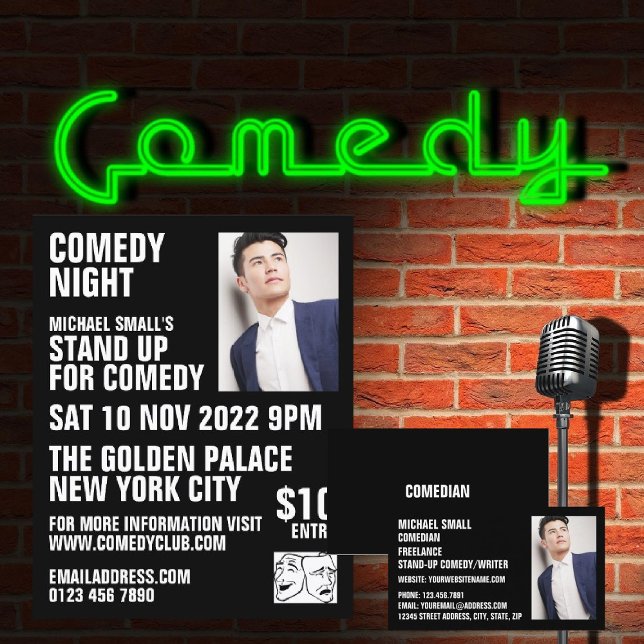 Sleek Black, Comedian, Comedy Club Business Card (Creator Uploaded)