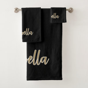 Sleek Black Design with Gold Script Bath Towel Set