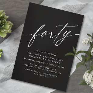 Sleek Black Formal Script Moody 40th Birthday Invitation