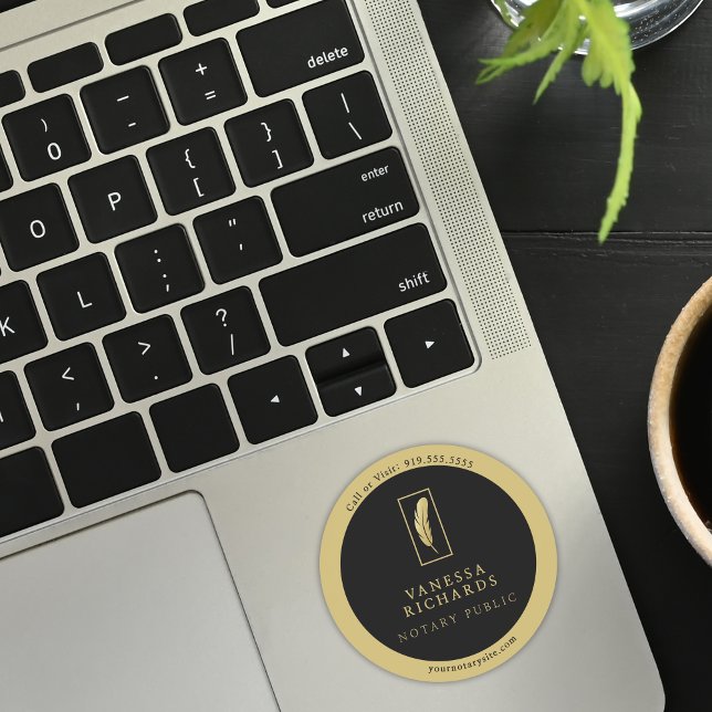 Sleek Black Gold Feather Notary Marketing Contact Classic Round Sticker (Creator Uploaded)