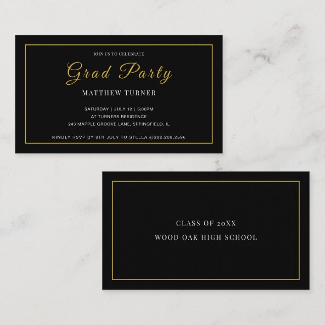 Sleek Black Gold Grad Party Enclosure Card (Front/Back)