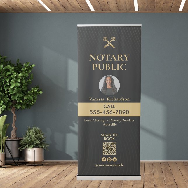 Sleek Black Gold Photo QR Code Notary Display Retractable Banner (Creator Uploaded)