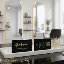 Sleek Black & Gold Script Grand Opening Promo Logo