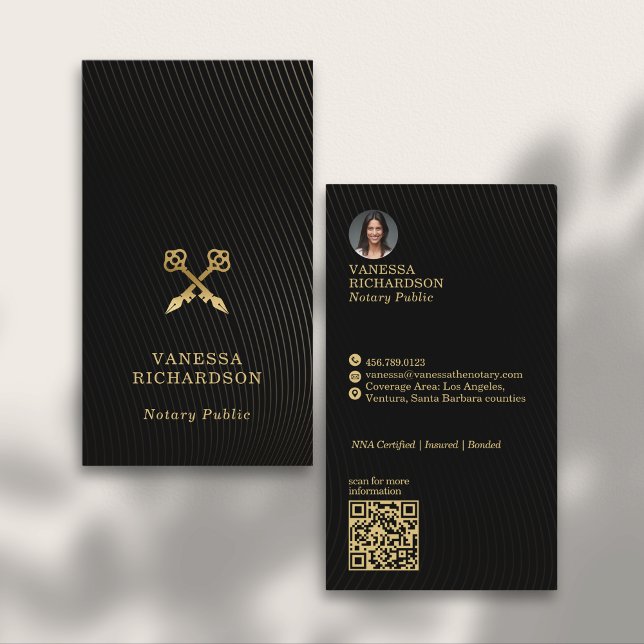 Sleek Black & Gold Wavy Skeleton Key Notary QR  Business Card (Creator Uploaded)