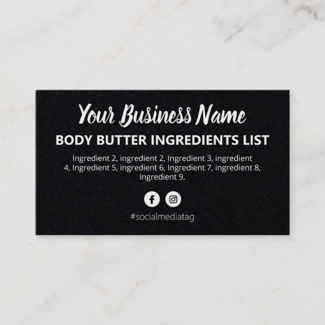 Sleek Black Ingredients Instructions Business Card (Front)