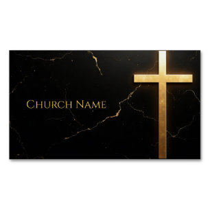 Sleek Black Marble with Golden Cross Magnetic Business Card