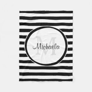 Sleek Black White Awning Stripes Monogrammed Name Fleece Blanket