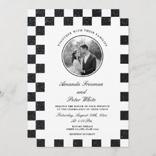 Sleek Black & White Glitter Chequerboard Wedding Invitation