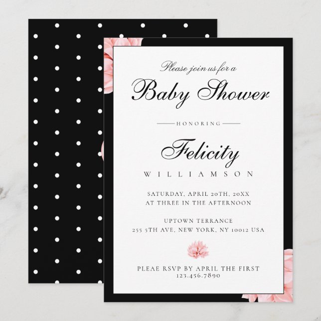 Sleek Black White Polka Dots Floral Baby Shower Invitation (Front/Back)