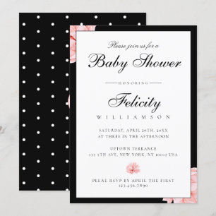 Sleek Black White Polka Dots Floral Baby Shower Invitation