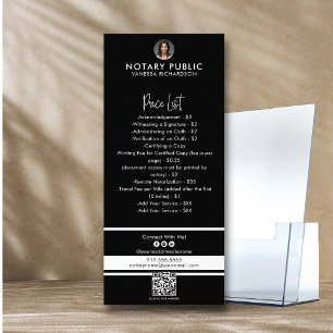 Sleek Black & White QR Code Notary Price List Rack Card