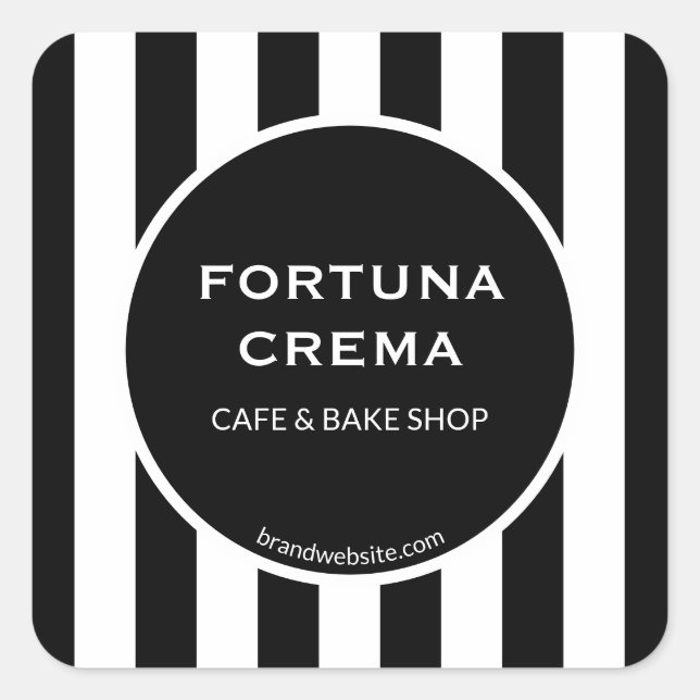 Sleek Black & White Stripe Business Name Brand Square Sticker (Front)