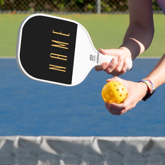 Sleek Black White Three Quarter Colour Block Text Pickleball Paddle (Insitu)